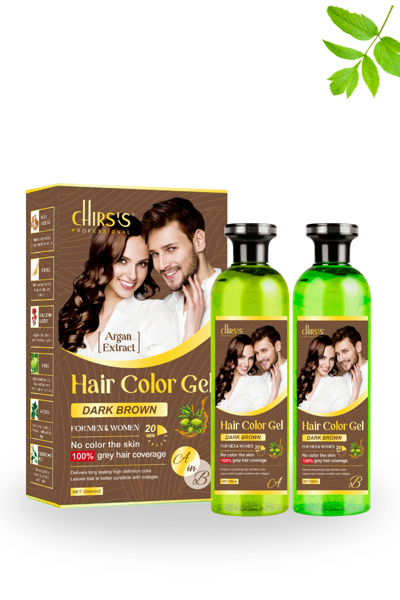 Chirs's Professional Ammonia & Sulphate Free Long Lasting Hair Color Gel with Argan & Olive Oil, Double Bottle Mixing Paste | Dark Brown | 1000 ml