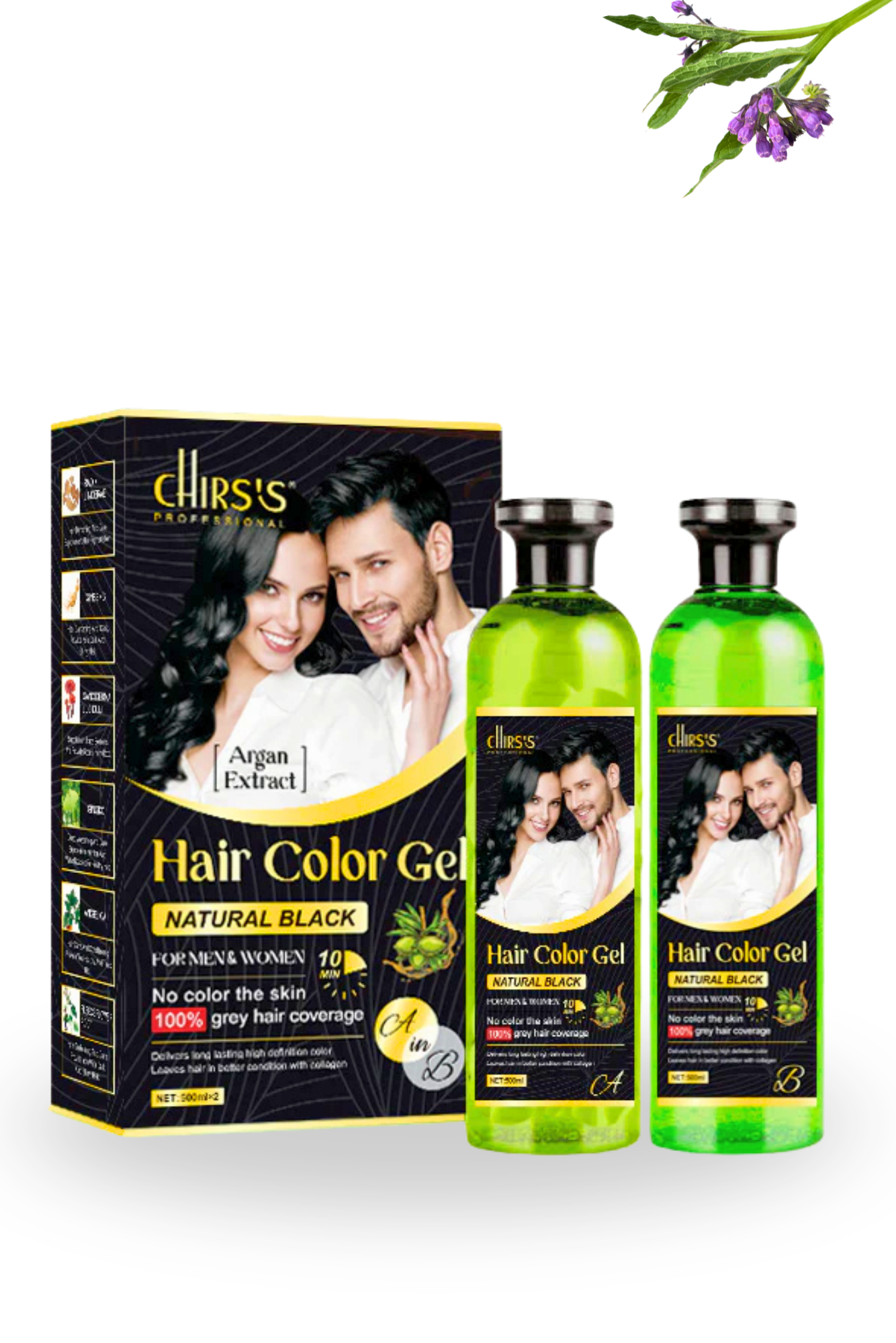 Chirs's Professional Ammonia & Sulphate Free Long Lasting Hair Color Gel with Argan & Olive Oil, Double Bottle Mixing Paste | Natural Black | 1000 ml